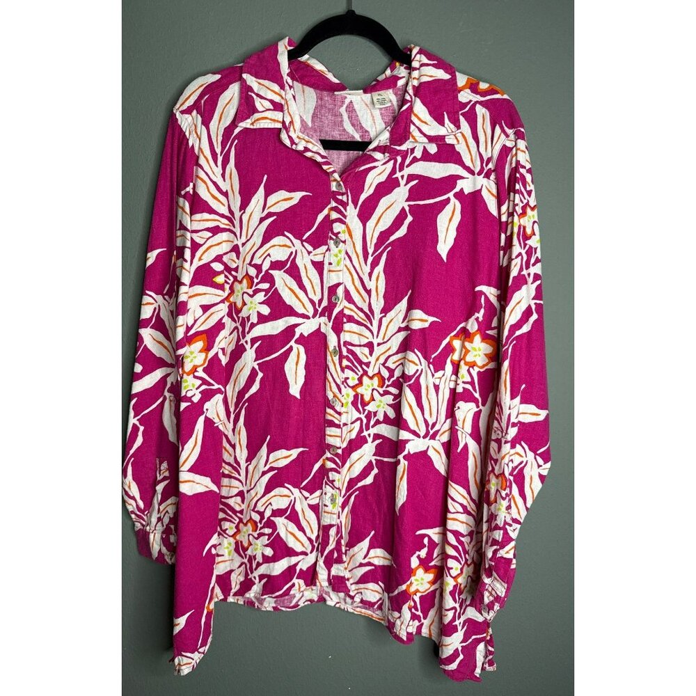 Westbound Women's XL Linen Blend Floral Tropical Button-Down Collared Shirt